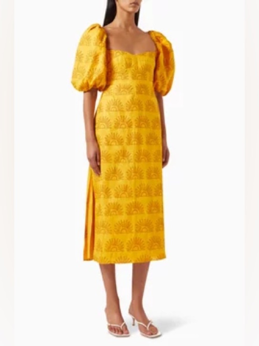 $595 Cala de la Cruz Women's Uti Puff-Sleeve Linen Midi Dress in Yellow XS